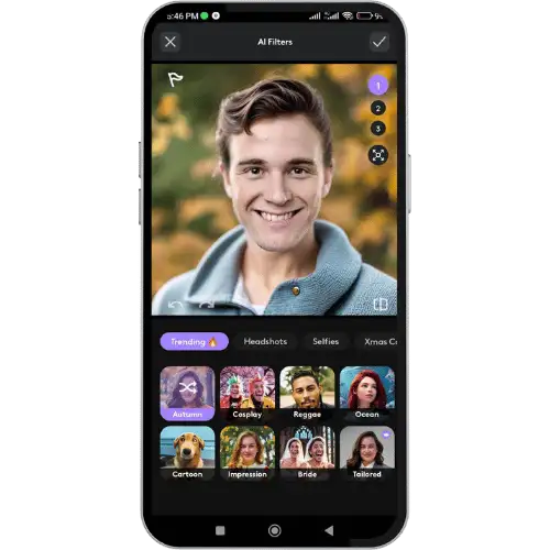 applying photoleap app AI filters preview on mobile mockup.