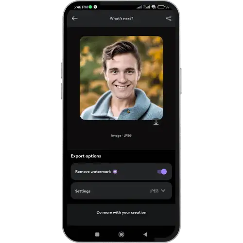 creation saved preview of photoleap app on phone mockup.