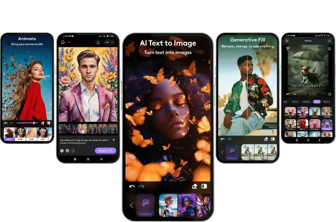 Download Old Photoleap Mod APK Versions (No Ads, No Watermark) Free 1 old Photoleap Mod APK app preview on smartphones in a collage.